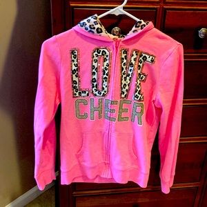 Justice “Love Cheer” hooded zip up sweatshirt, pink with brown leopard print, 12